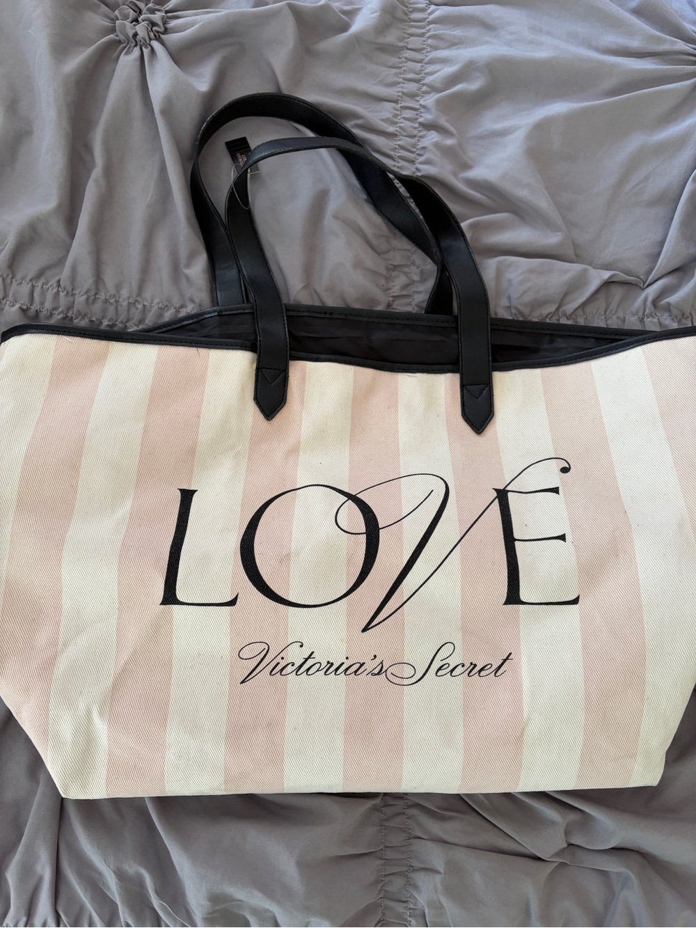 Victoria's Secret Pink & Cream Striped Canvas Tote with Black Handles